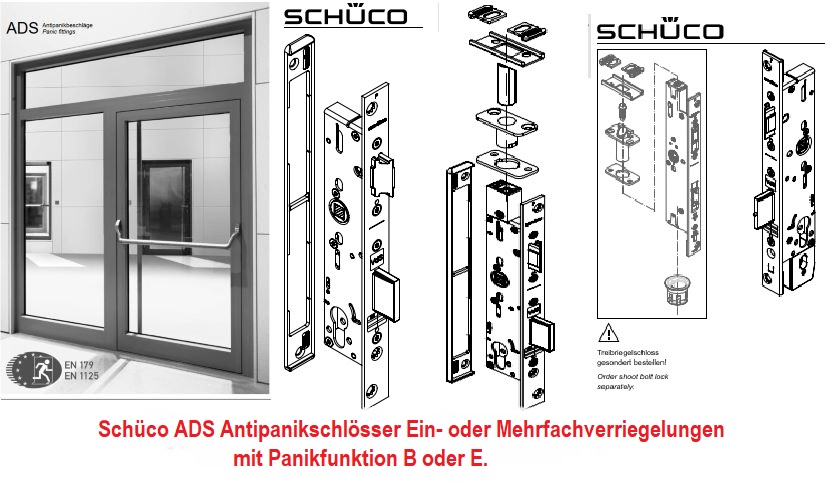 Schüco Antipanik Schwenkhaken-Bolzenschloss, Dormaß 34,0 mm, WK3, Panikfunktion B- 241 773 und E-241771